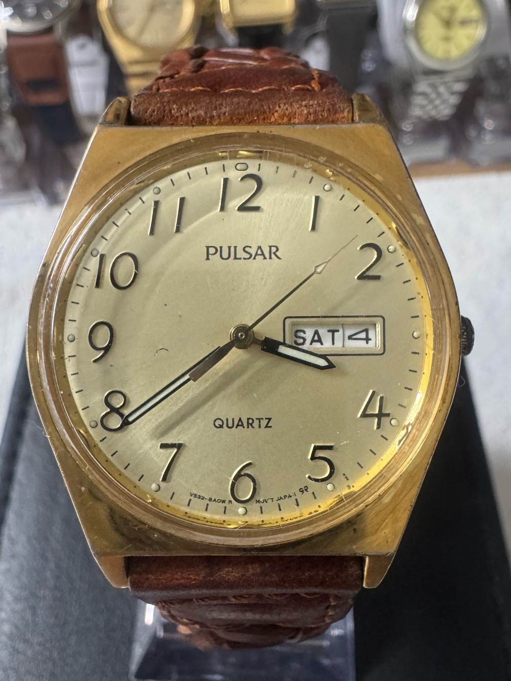 Pulsar Gold-Tone Dial Watch with Brown Leather Strap
